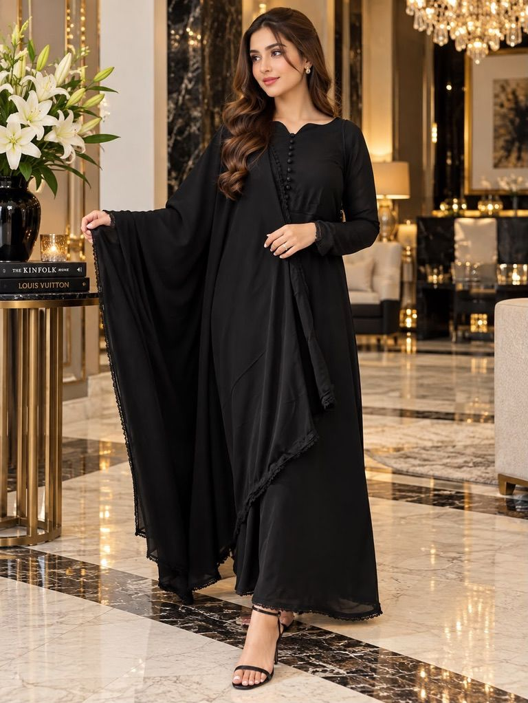 Black Chiffon Maxi with Dupatta - Chiffon