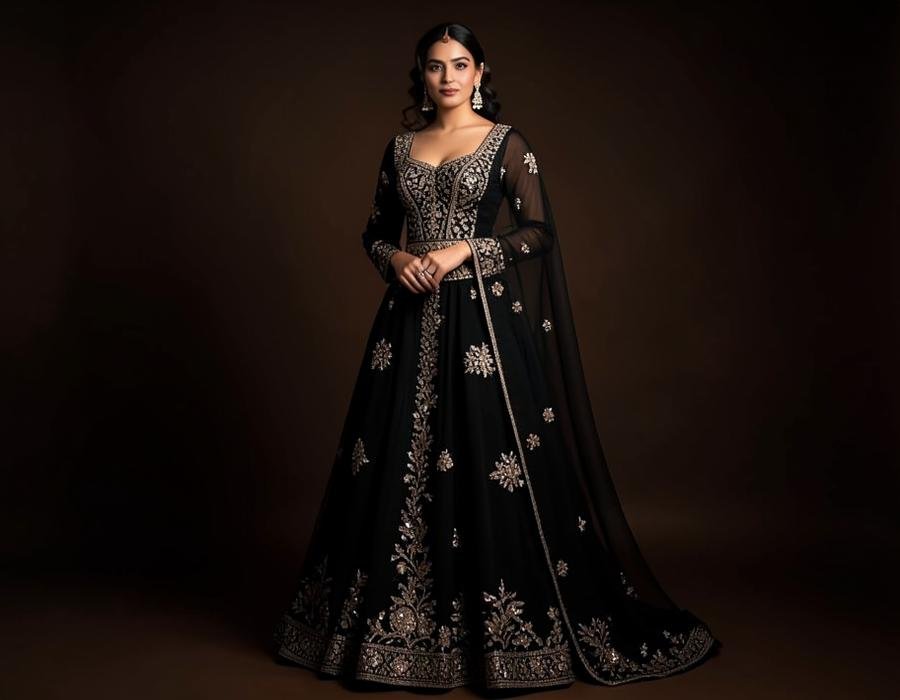 Layla Black Formal Gown - Embroidered net over silk with dupatta