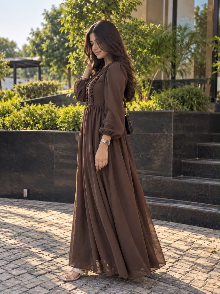 Chocolate Brown Chiffon Maxi Dress — view 3