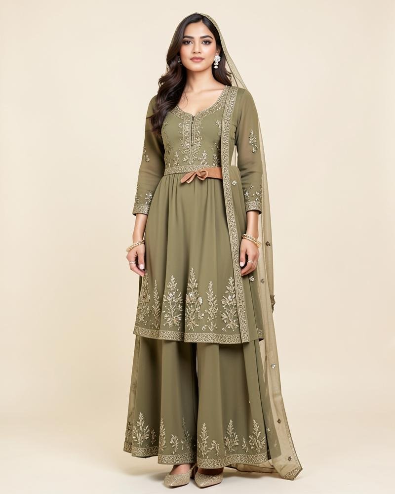 Meher Embroidered Chiffon 3 Piece - Embroidered chiffon shirt, raw silk trouser, embroidered dupatta