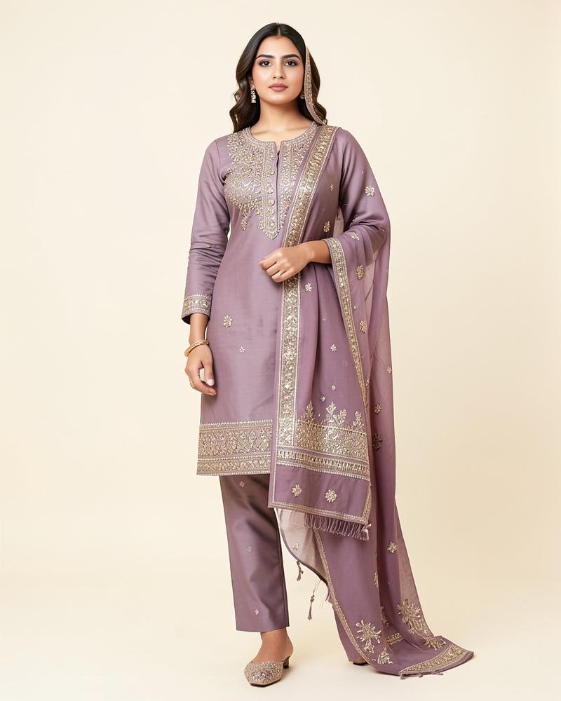 Rania Embroidered 3 Piece - Embroidered cotton silk with organza dupatta