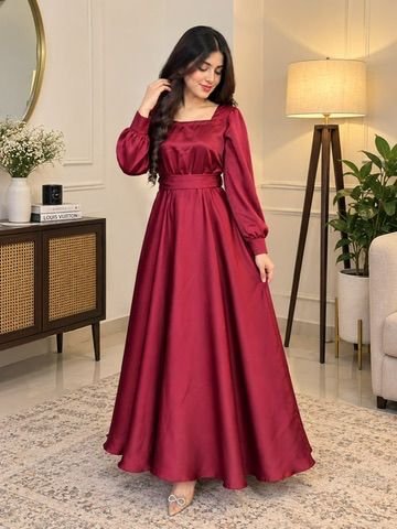 Wine Satin Maxi Dress - Semi/Satin Fabric