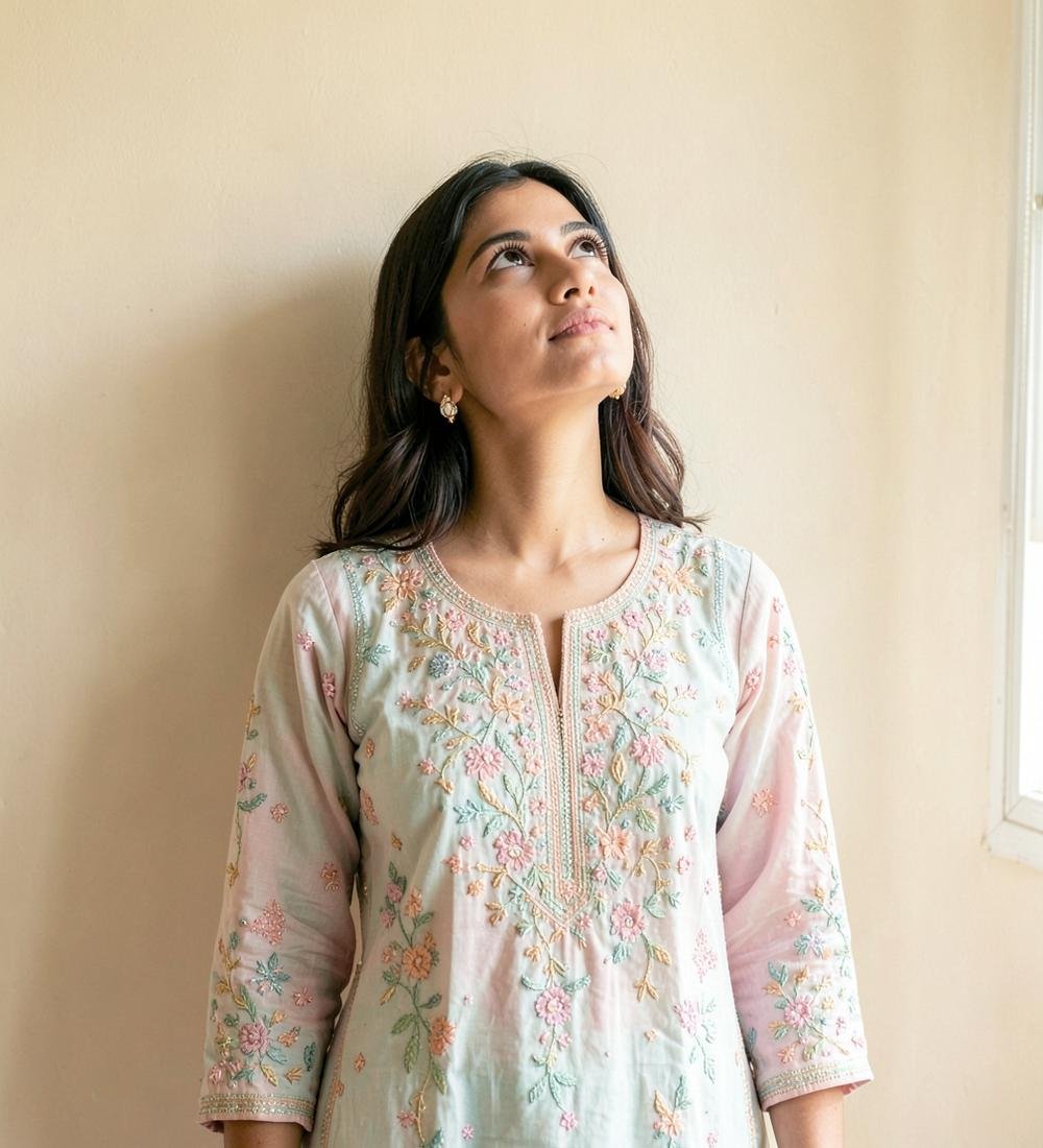Libas Ethnic founder story - woman in a pastel embroidered kameez