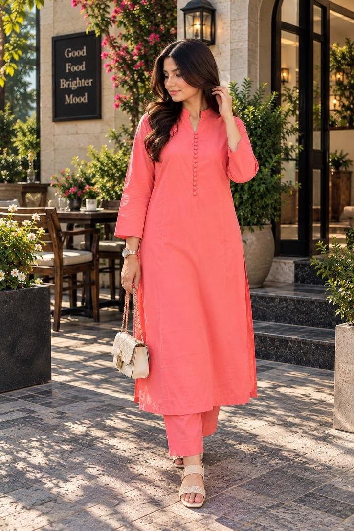 Coral Pink Cotton 2 Piece Suit