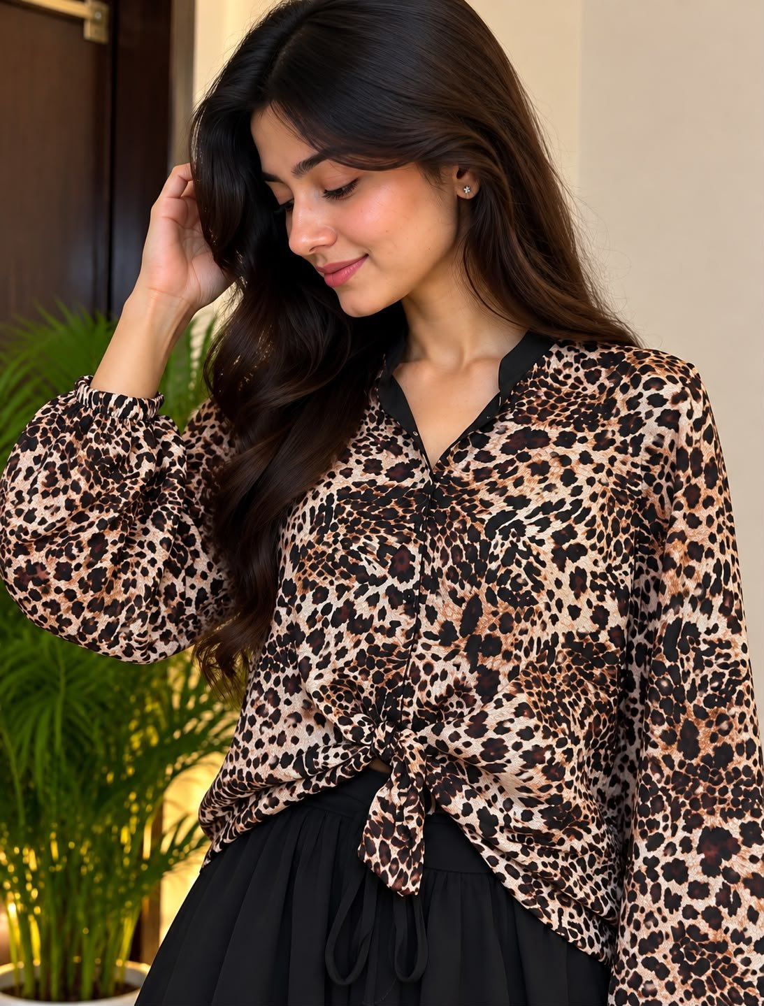 Leopard Print Chiffon Shirt with Black Georgette Maxi Skirt - Image 2