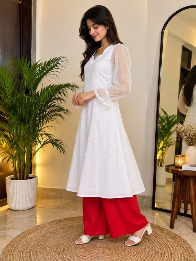 Elegant Cotton Kurti with Net Sleeves and Red Trousers