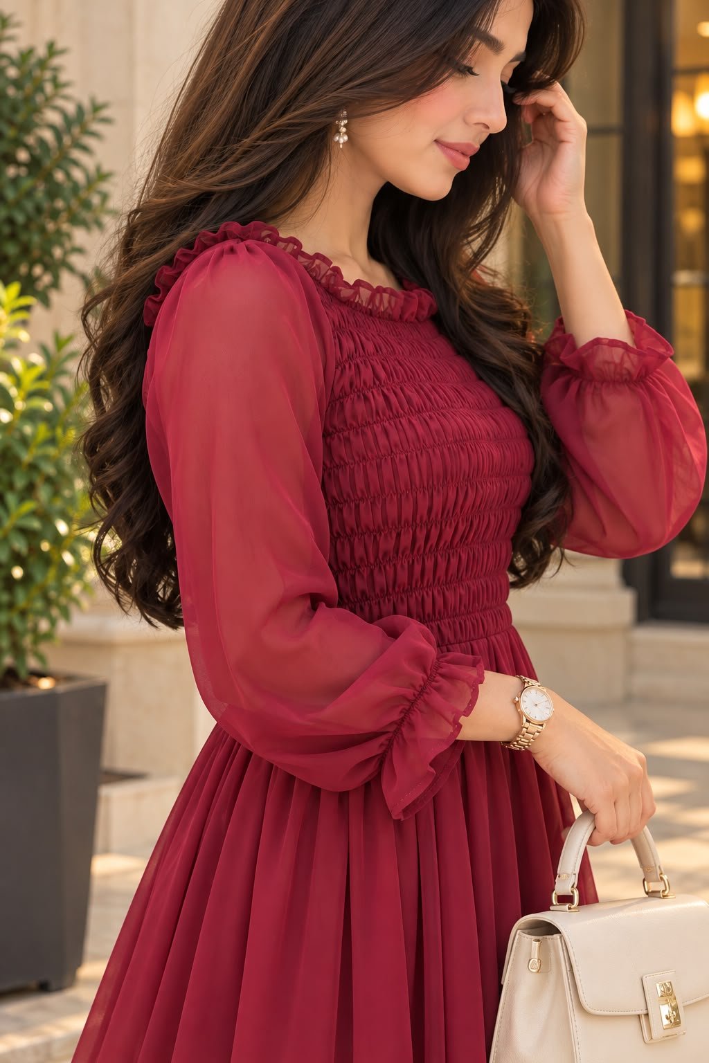Elegant Maroon Chiffon Maxi Dress - Image 3