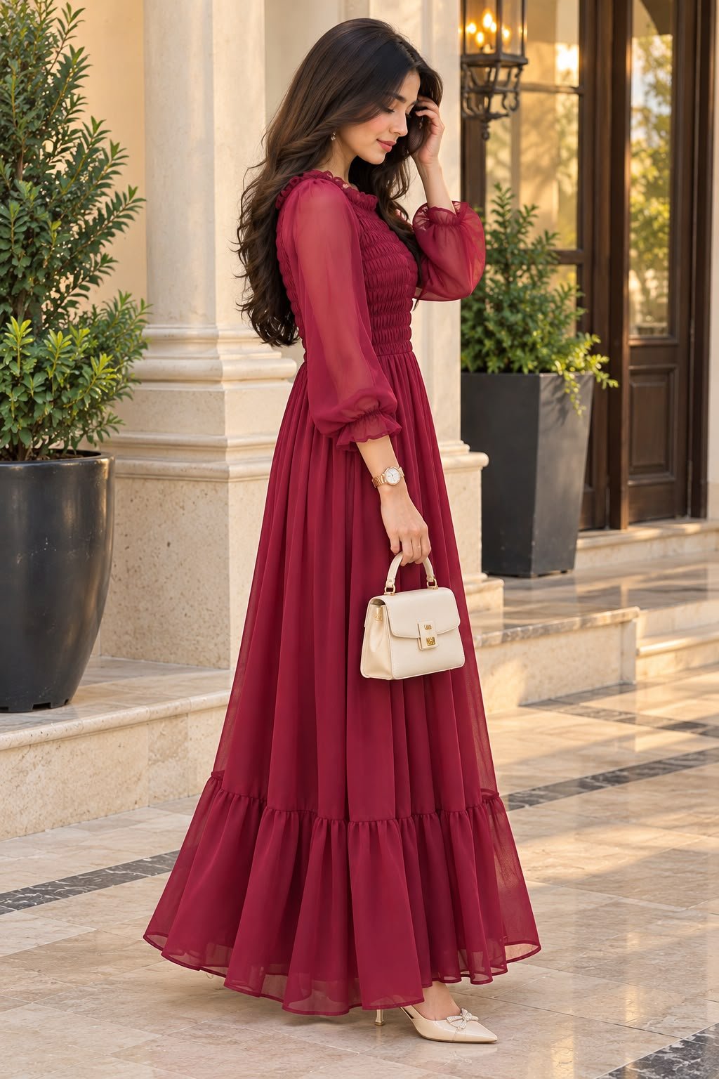 Elegant Maroon Chiffon Maxi Dress - Image 2