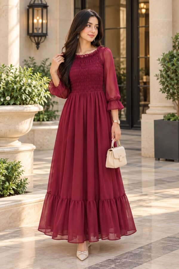 Elegant Maroon Chiffon Maxi Dress