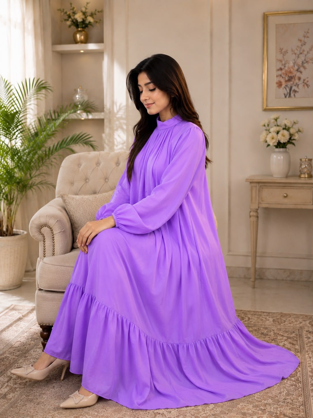 Elegant Lilac Double Chiffon Maxi Dress 