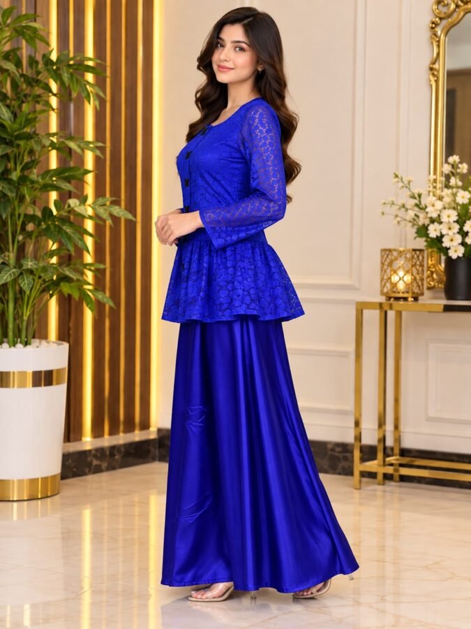 Royal Blue Silk Frock with Embroidered Net Coat
